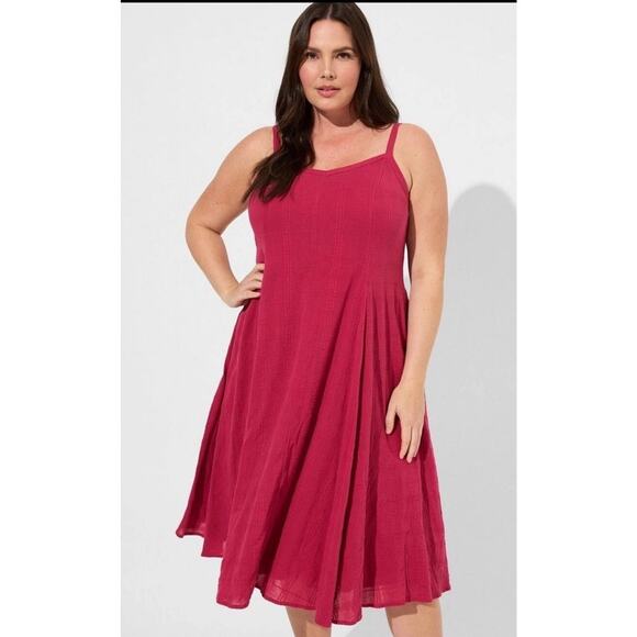NWT Torrid Size 3X Midi Textured Cotton Trapeze Dress Lined Red Bud Flowy Boho - Picture 1 of 16